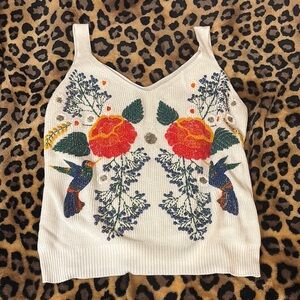 Floral Embroidered White Tank Top NWOT